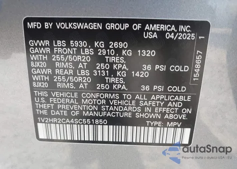 2025 Volkswagen Atlas 2.0T Se W/Technology from USA, damaged, VIN 1V2HR2CA4SC551850
